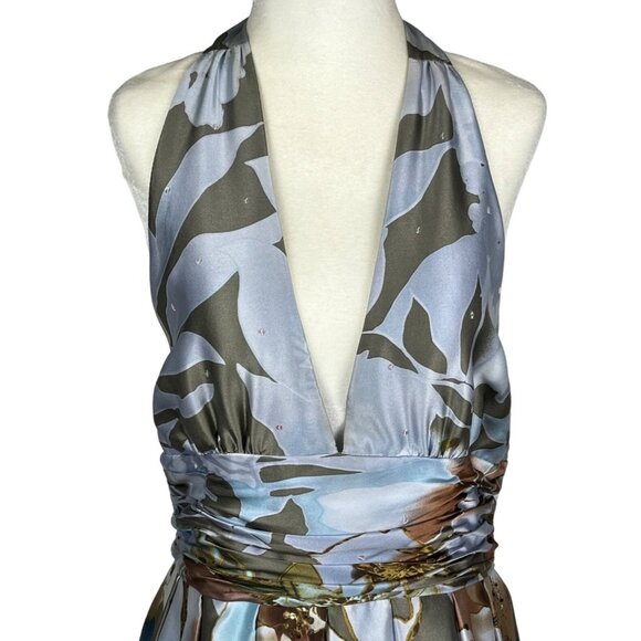 Adrianna Pappell Occasions Blue Floral Silk Halter Dress Sz. 12 - Picture 2 of 9